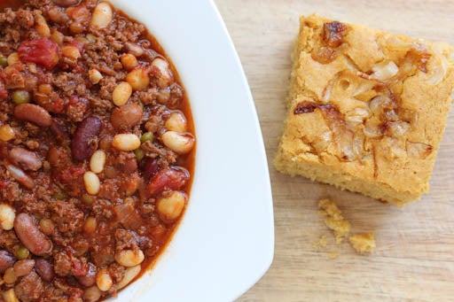 Chili with Caramelized Onion Cornbread